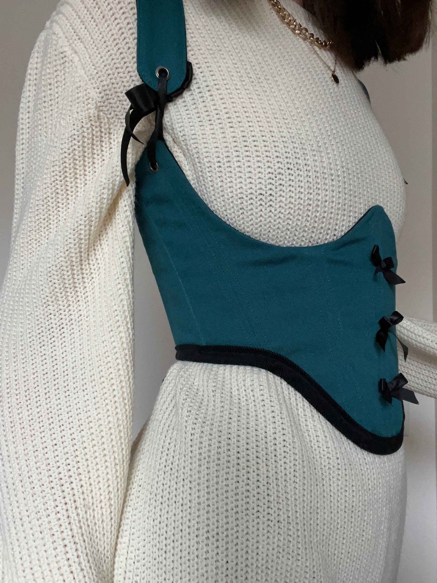 XS-S, Reversible black corduroy / teal bows underbust corsage