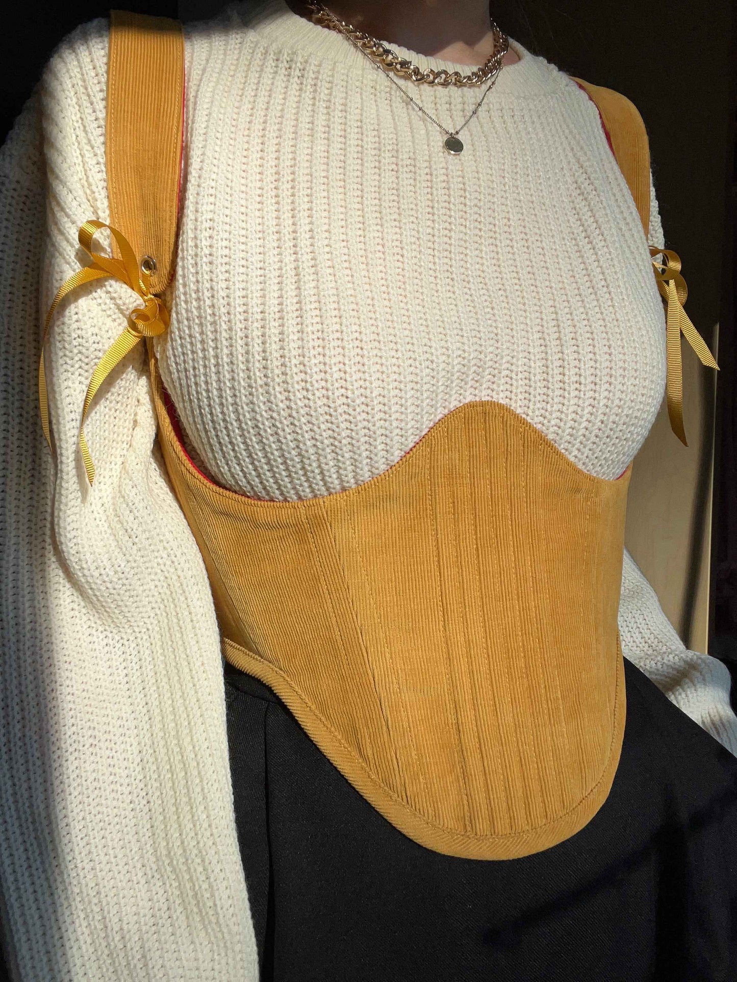 Reversible!!!Red cotton twill/mustard corduroy underbust corsage, size L-XL