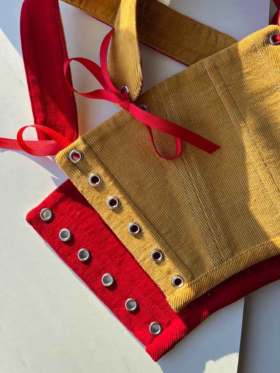 Reversible red/mustard underbust corsage with removable shoulder straps, xs-s
