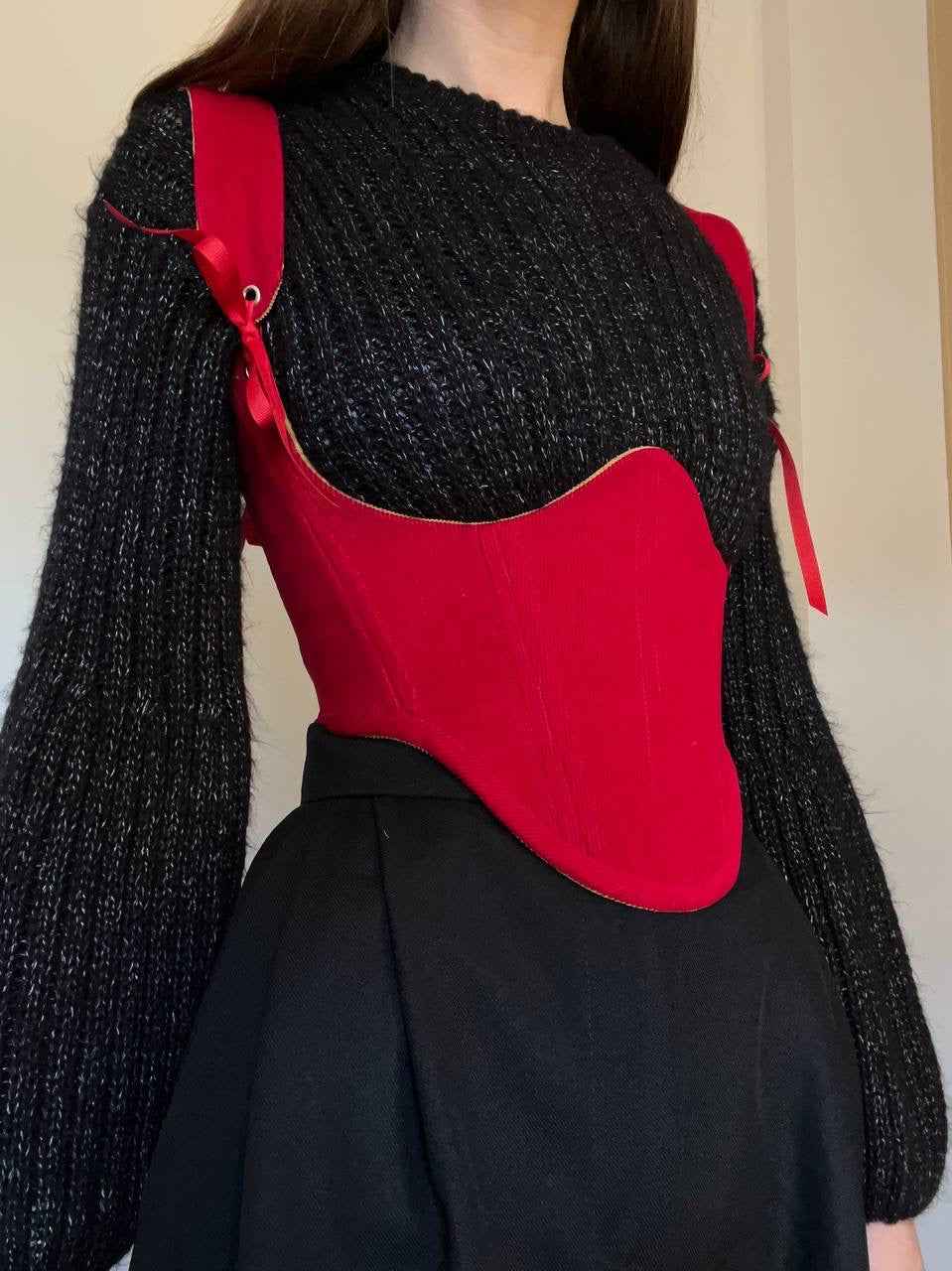 Reversible red/mustard underbust corsage with removable shoulder straps, xs-s