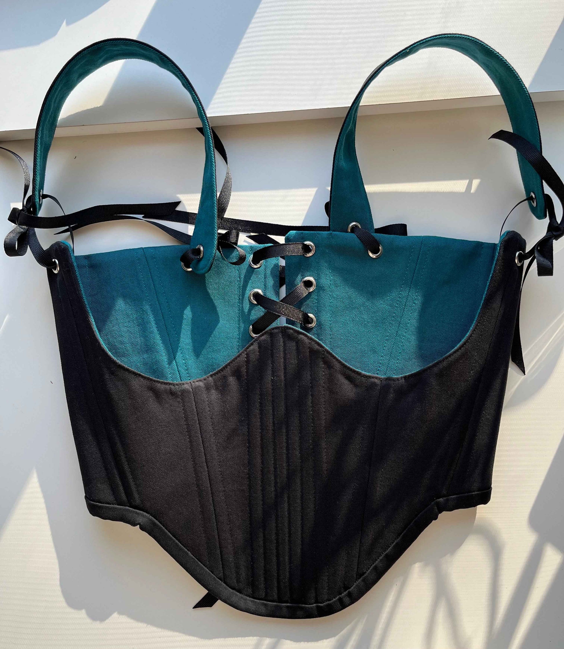 Custom for S_v02 Reversible black/teal underbust with shoulder straps size S