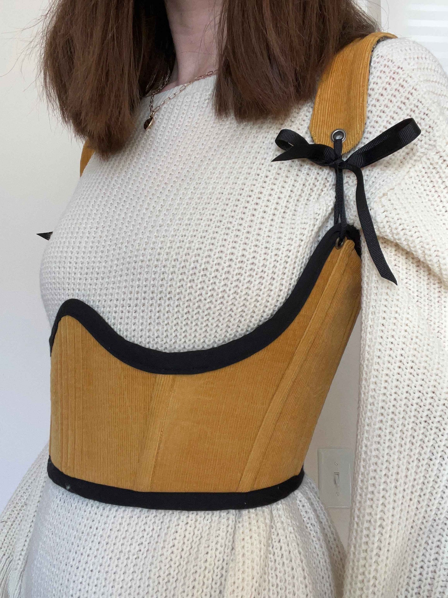 Green Tapestry/ yellow corduroy underbust corset, size M-L