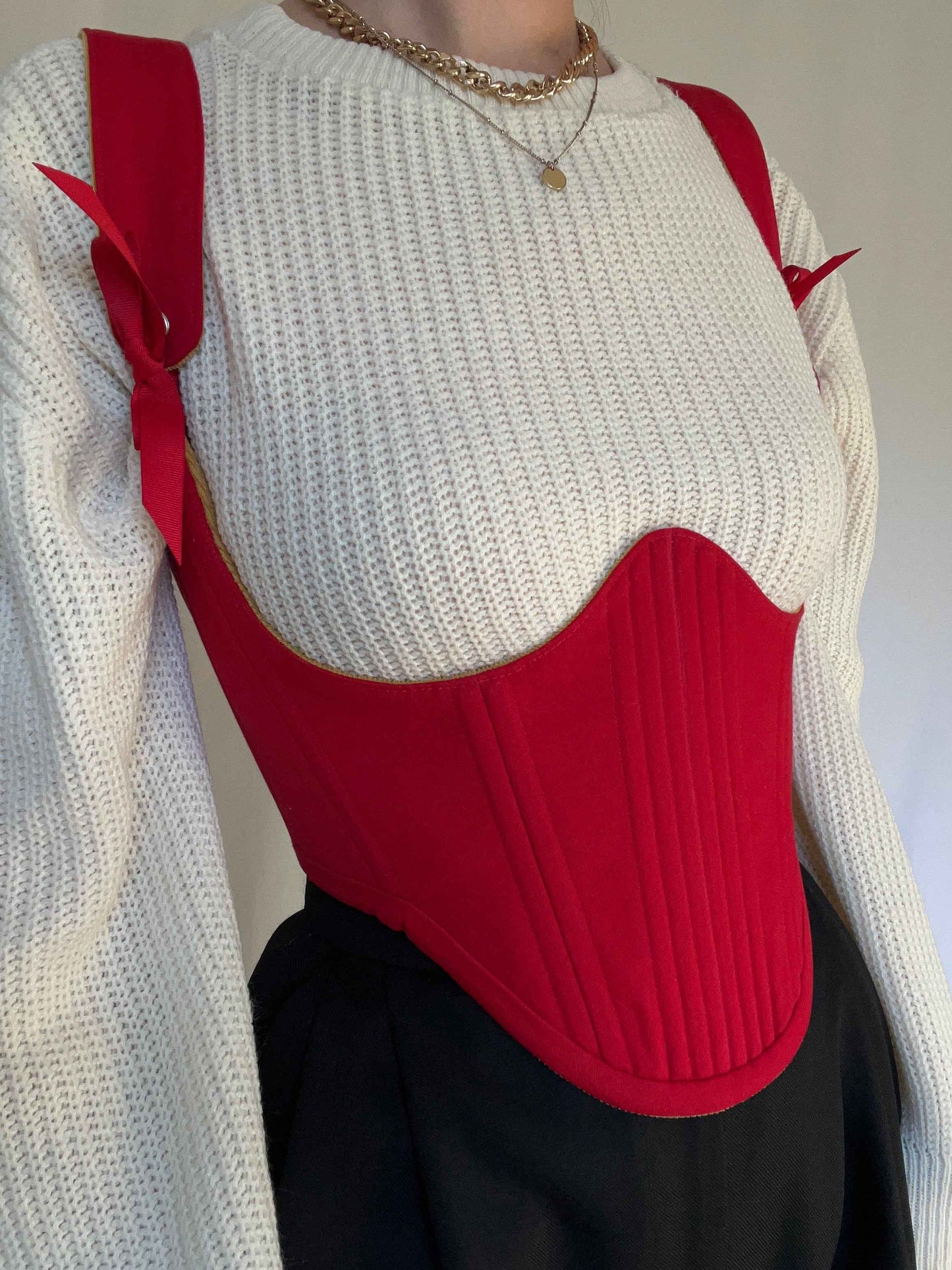 Reversible!!!Red cotton twill/mustard corduroy underbust corsage, size L-XL