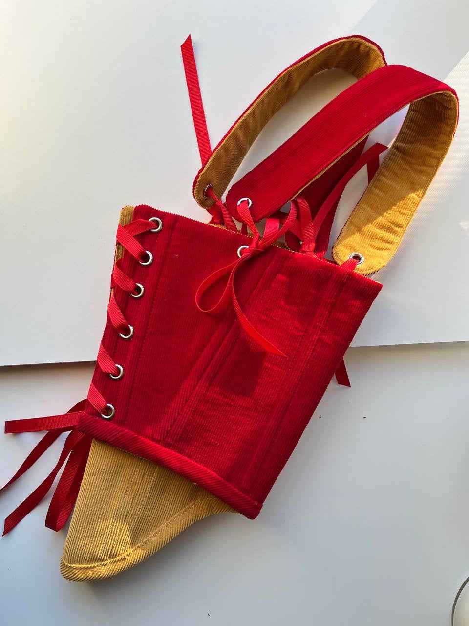 Reversible red/mustard underbust corsage with removable shoulder straps, xs-s