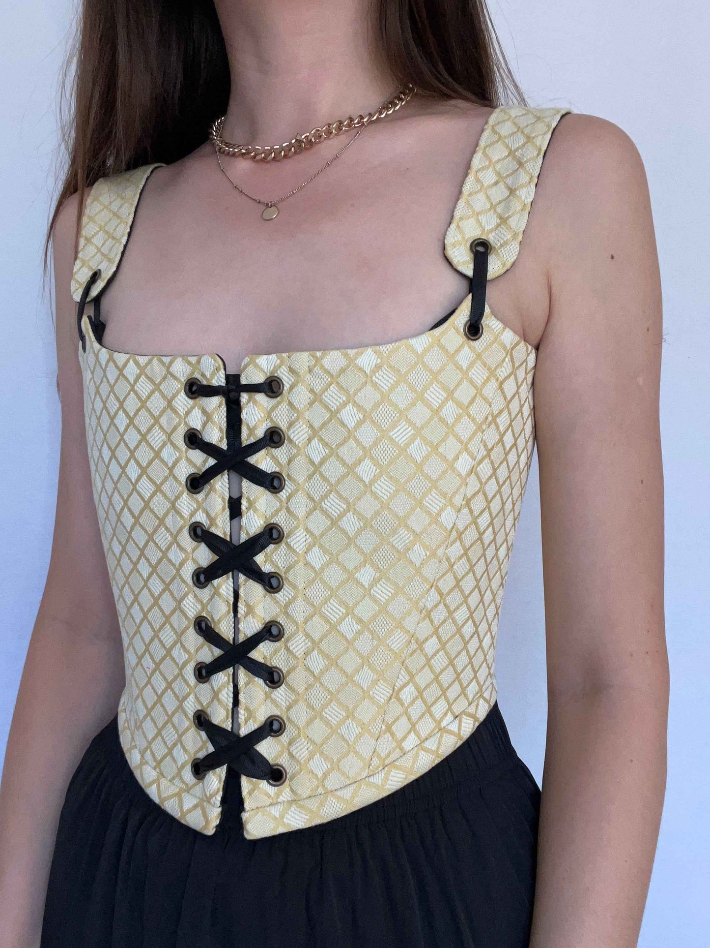 Reversible black/buttercream yellow corset with removable shoulder straps