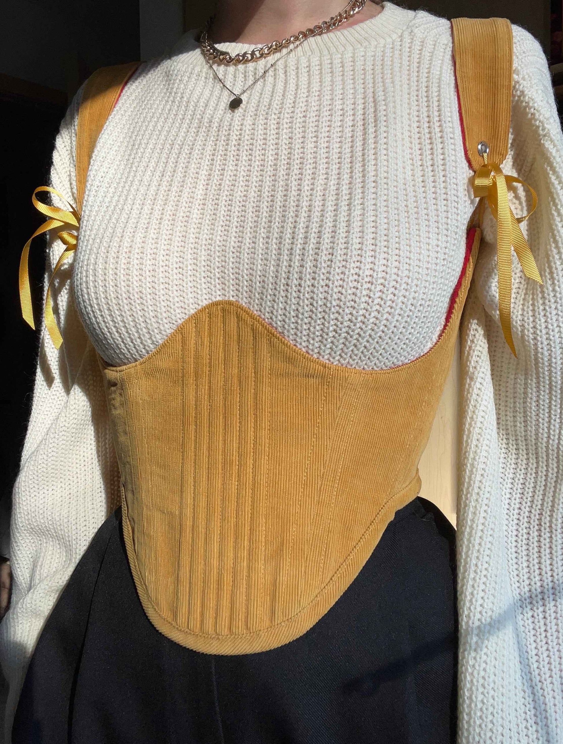 Reversible!!!Red cotton twill/mustard corduroy underbust corsage, size L-XL