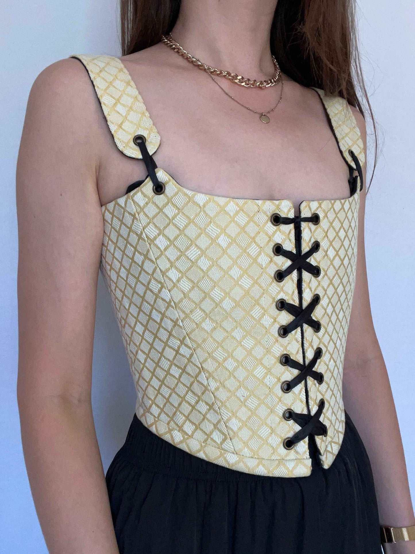 Reversible black/buttercream yellow corset with removable shoulder straps