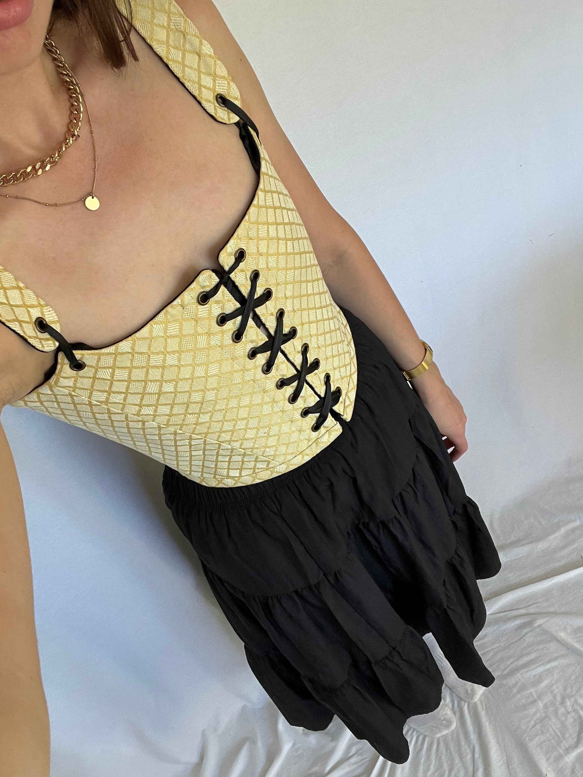 Reversible black/buttercream yellow corset with removable shoulder straps