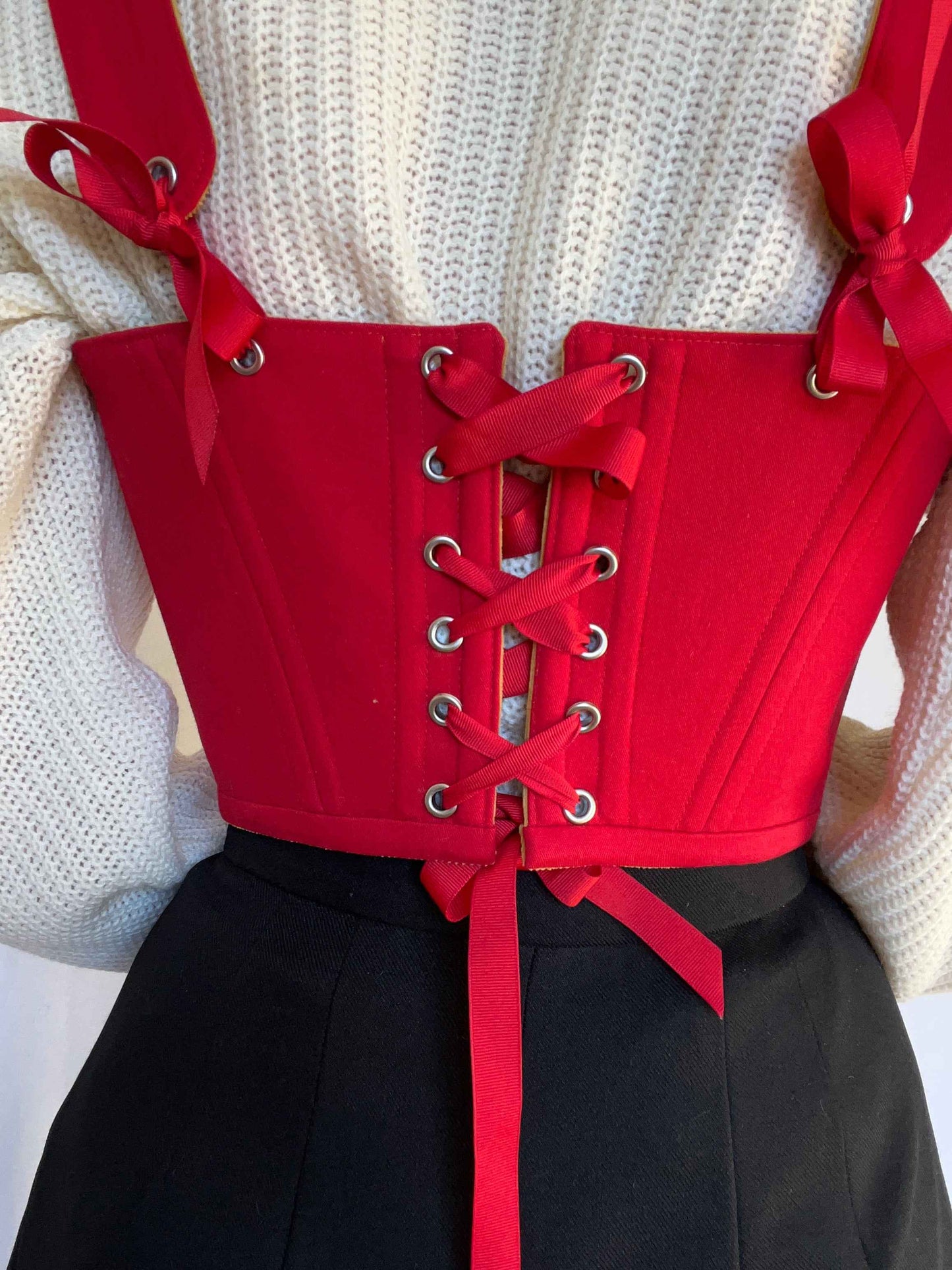 Reversible!!!Red cotton twill/mustard corduroy underbust corsage, size L-XL