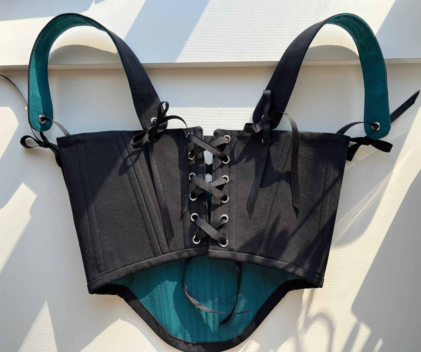 Custom for S_v02 Reversible black/teal underbust with shoulder straps size S