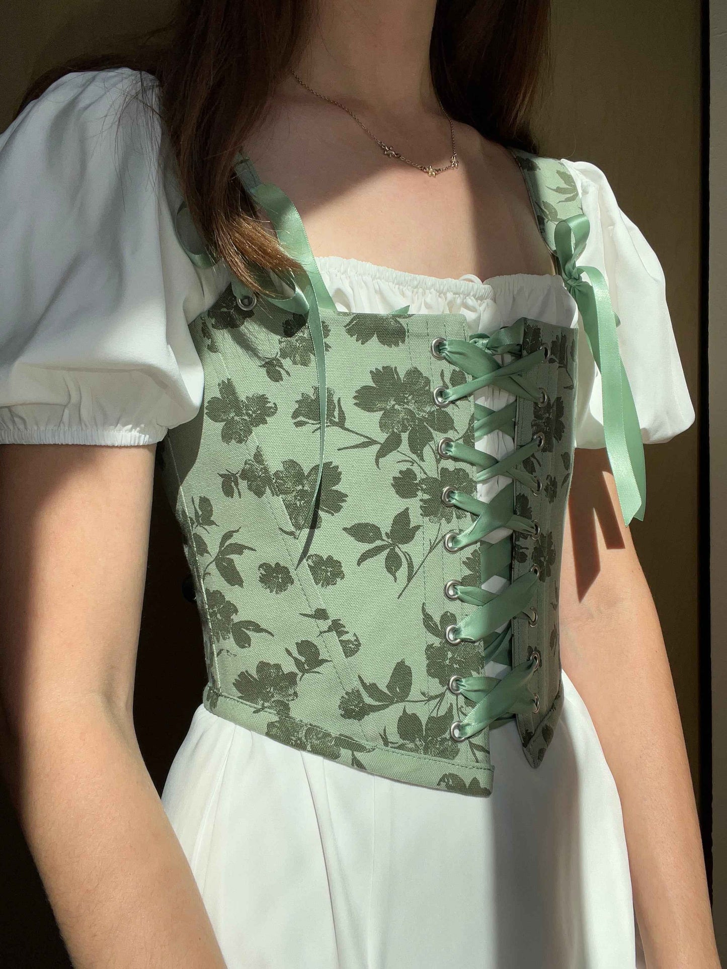 Floral sage green corset, reversible, removable shoulder strap, size S