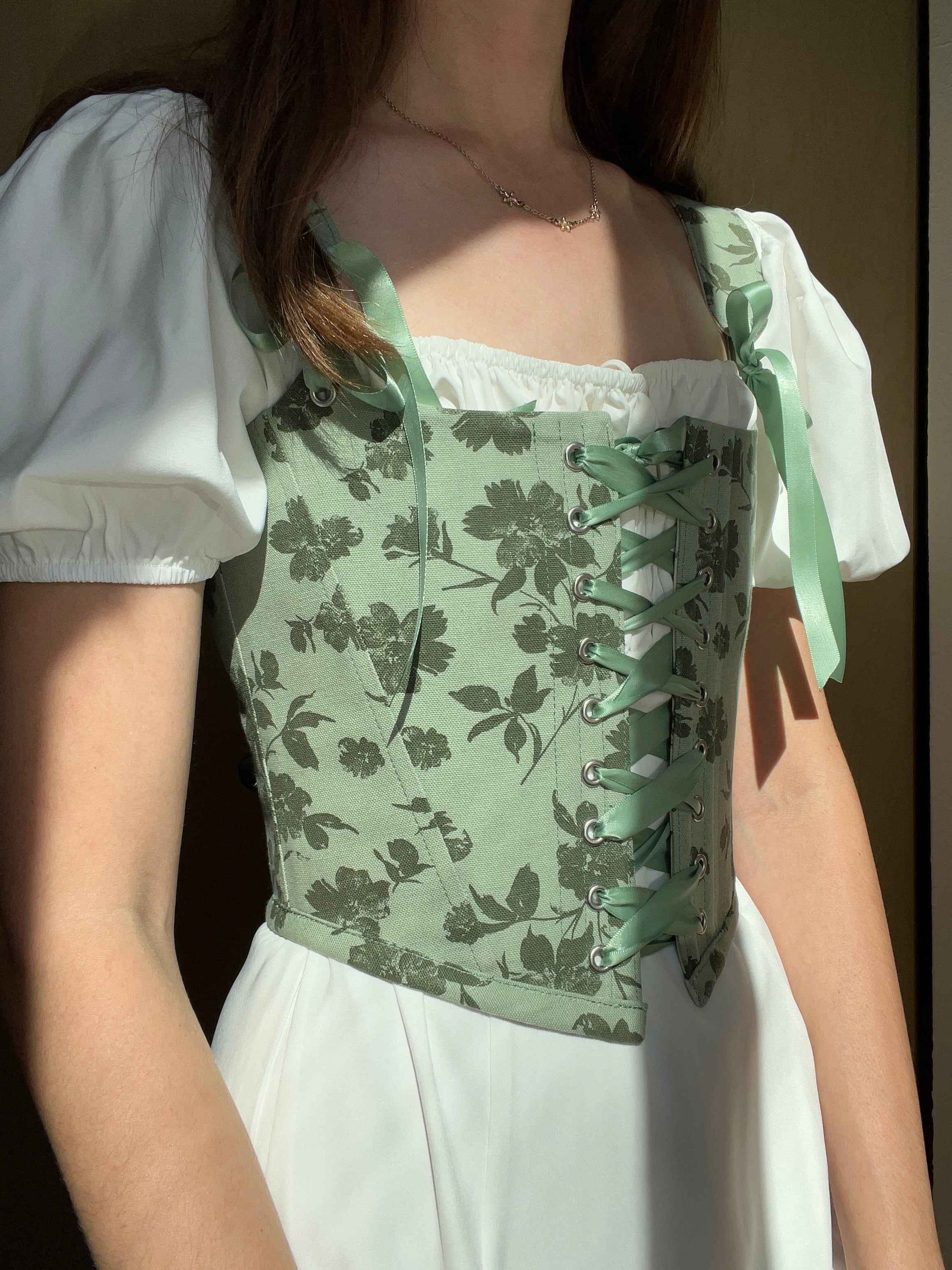 Floral sage green corset, reversible, removable shoulder strap, size S