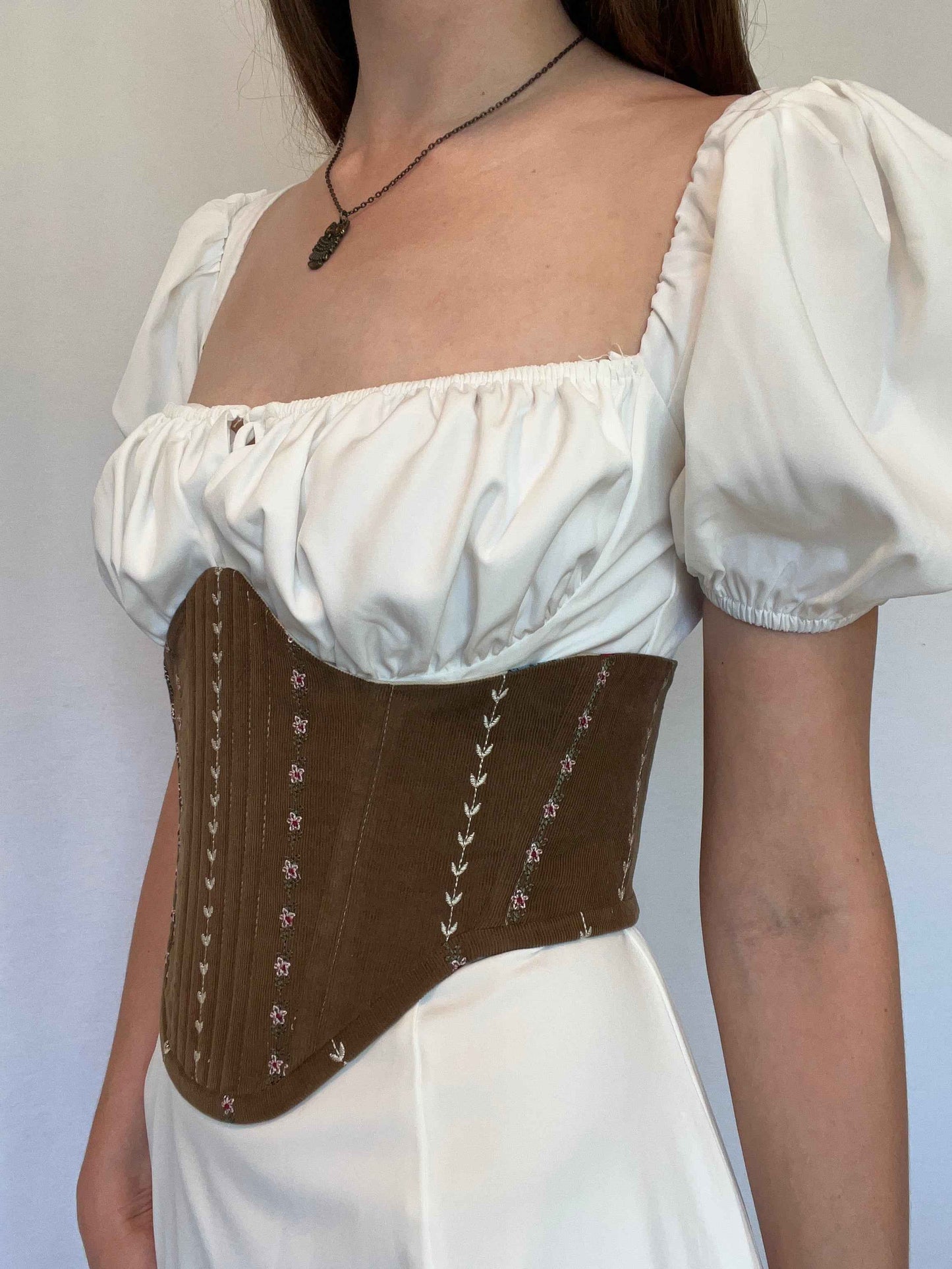 Brown underbust corsage belt  with floral embroidery, size M