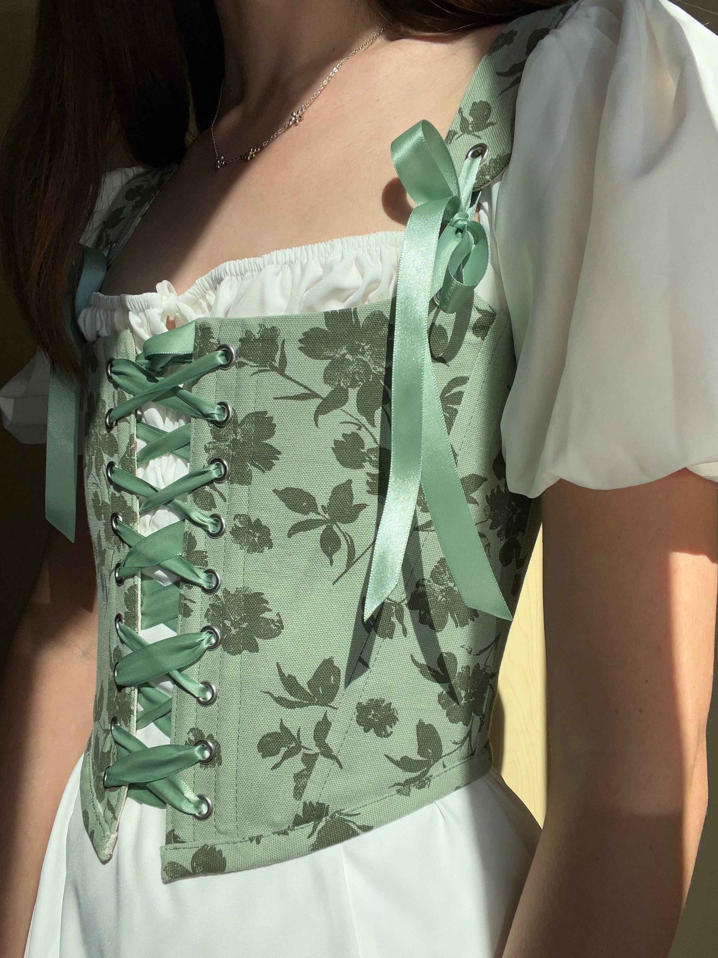 Floral sage green corset, reversible, removable shoulder strap, size S