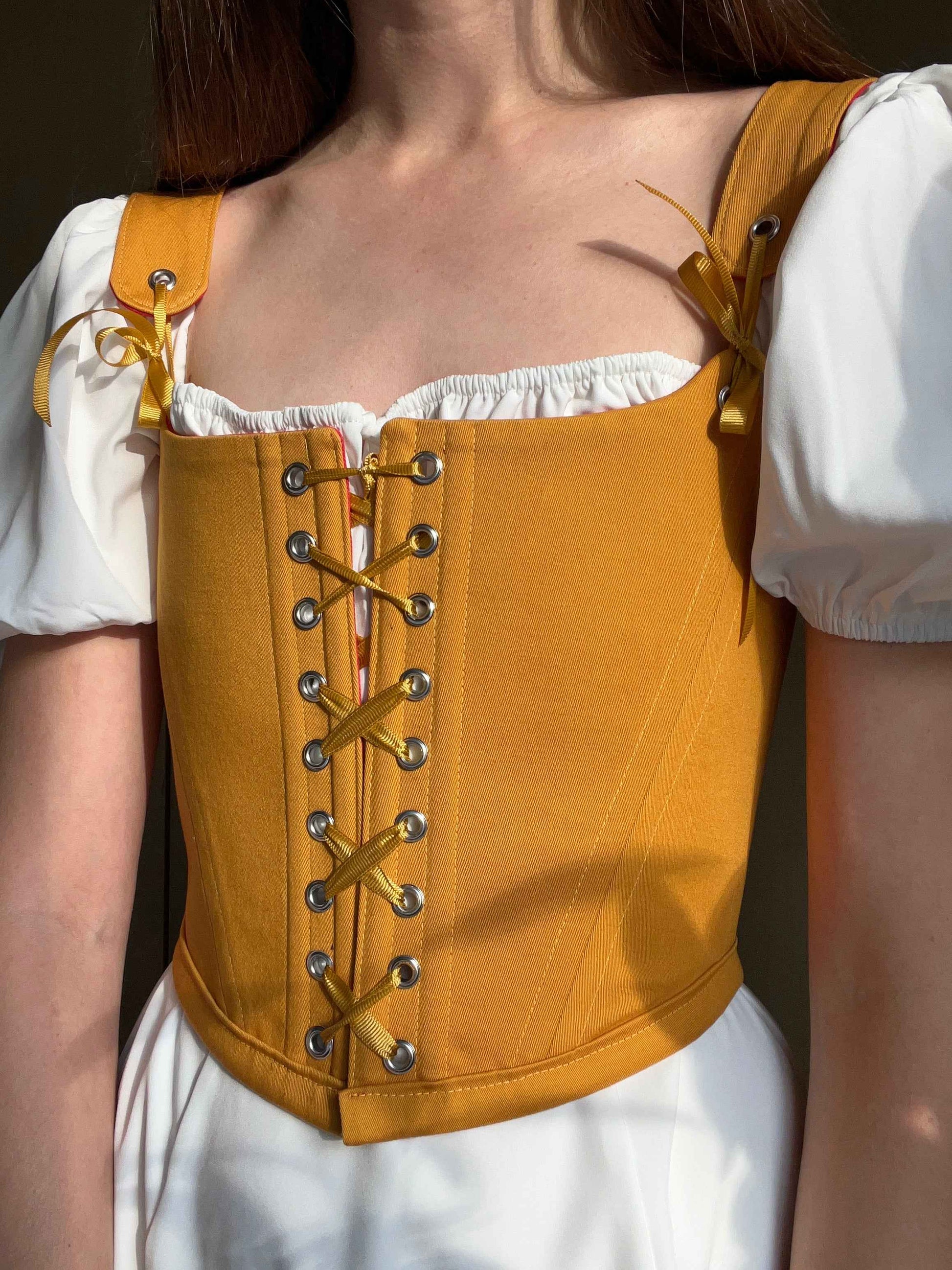 Reversible corset red/mustard yellow with removable shoulder straps