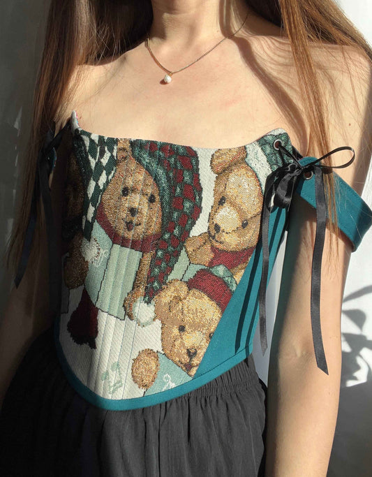 “Caroling Bears” overbust corset with removable shoulder straps in teal denim