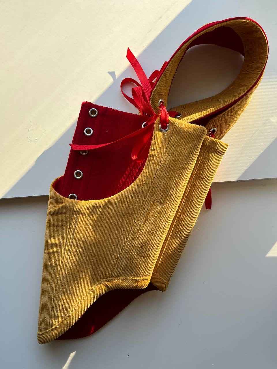 Reversible red/mustard underbust corsage with removable shoulder straps, xs-s