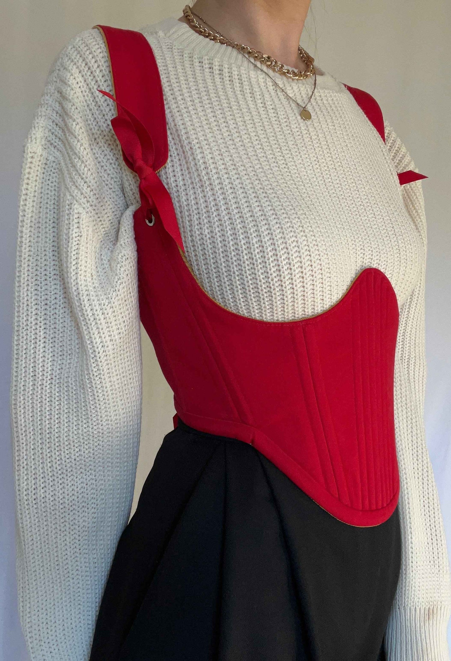 Reversible!!!Red cotton twill/mustard corduroy underbust corsage, size L-XL