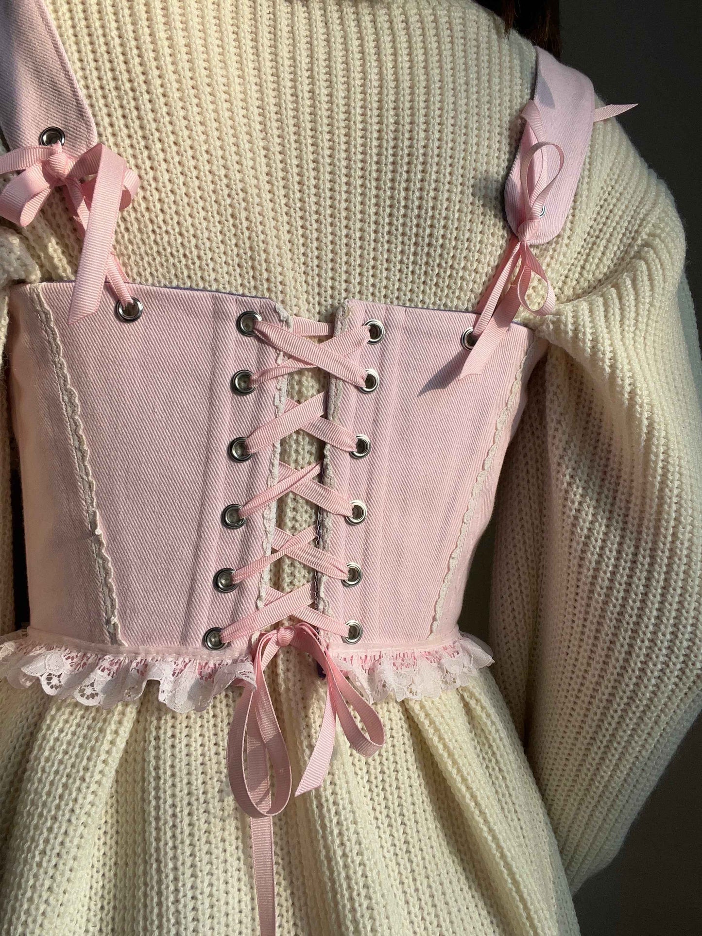 “Cupcake” reversible underbust corsage, size S-M, one side is  pink with ruffles and the other is purple 💜🩷