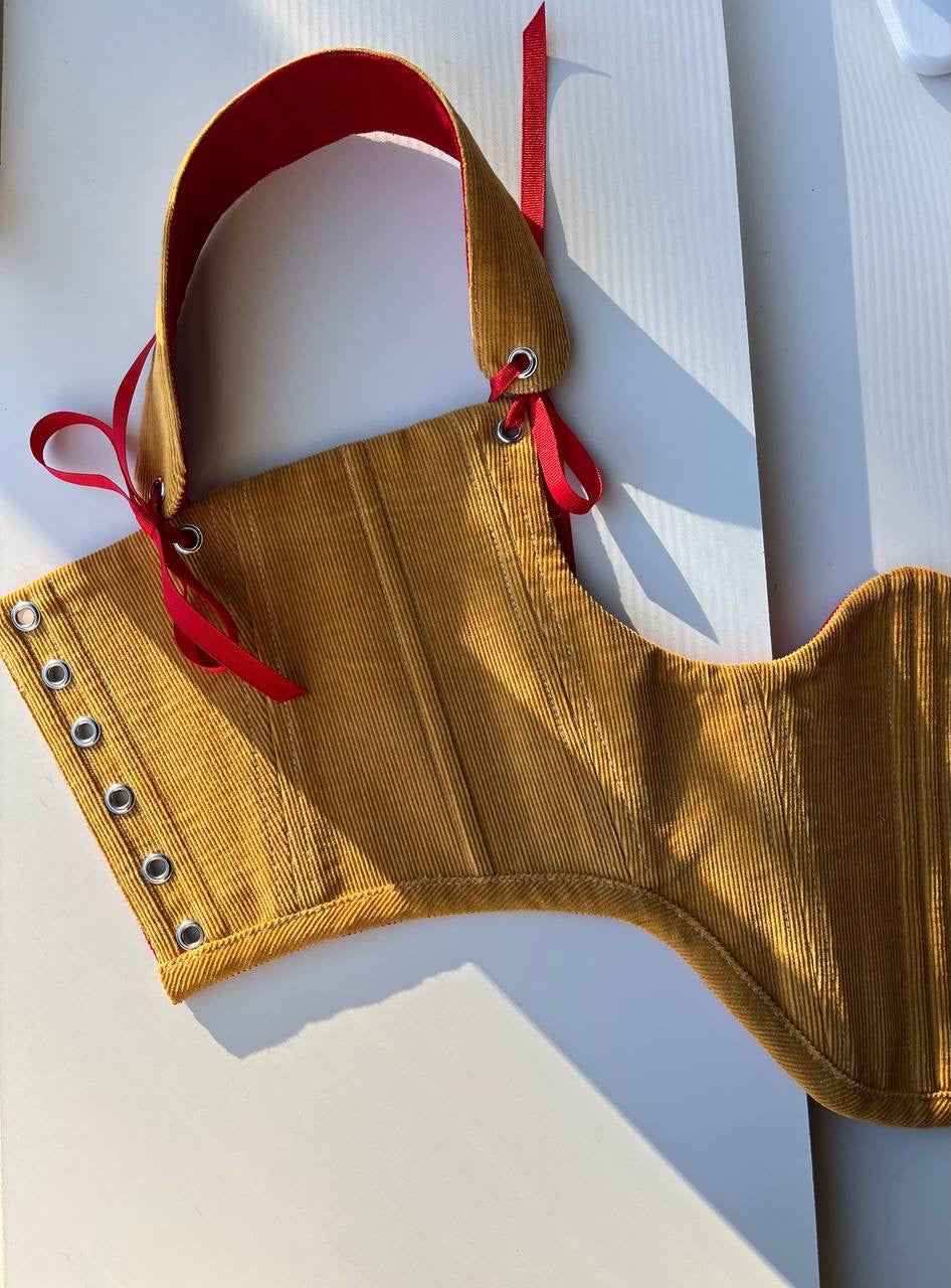 Reversible red/mustard underbust corsage with removable shoulder straps, xs-s