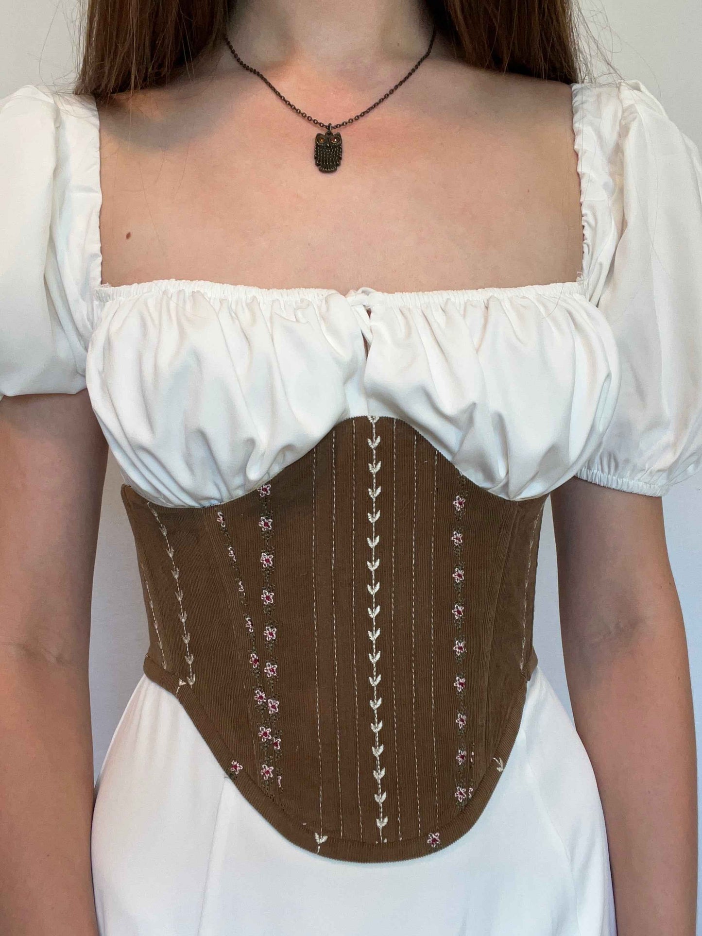 Brown underbust corsage belt  with floral embroidery, size M