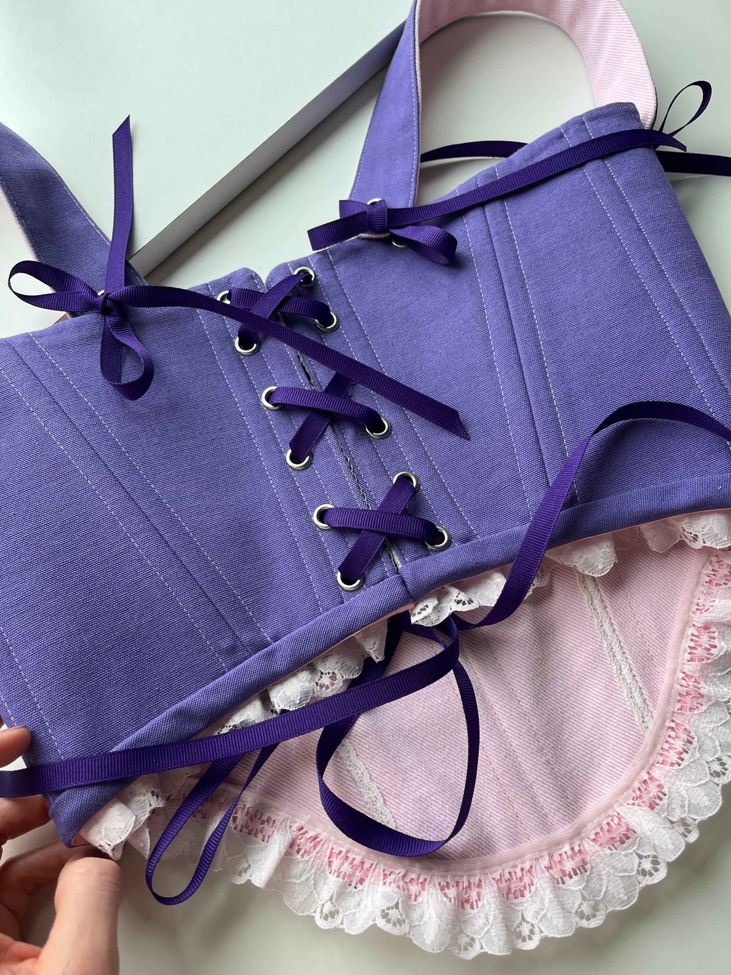 “Cupcake” reversible underbust corsage, size S-M, one side is  pink with ruffles and the other is purple 💜🩷