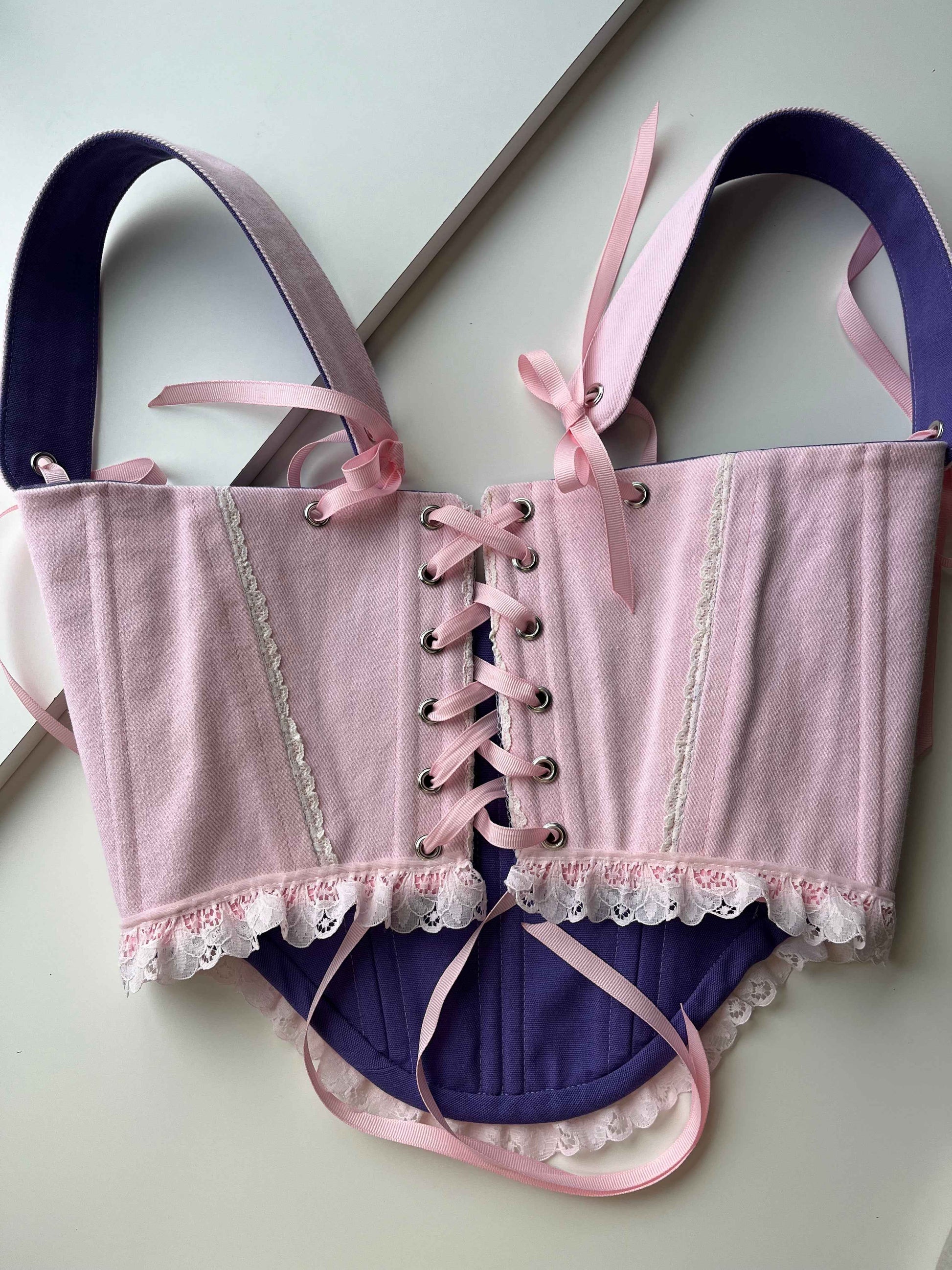 “Cupcake” reversible underbust corsage, size S-M, one side is  pink with ruffles and the other is purple 💜🩷