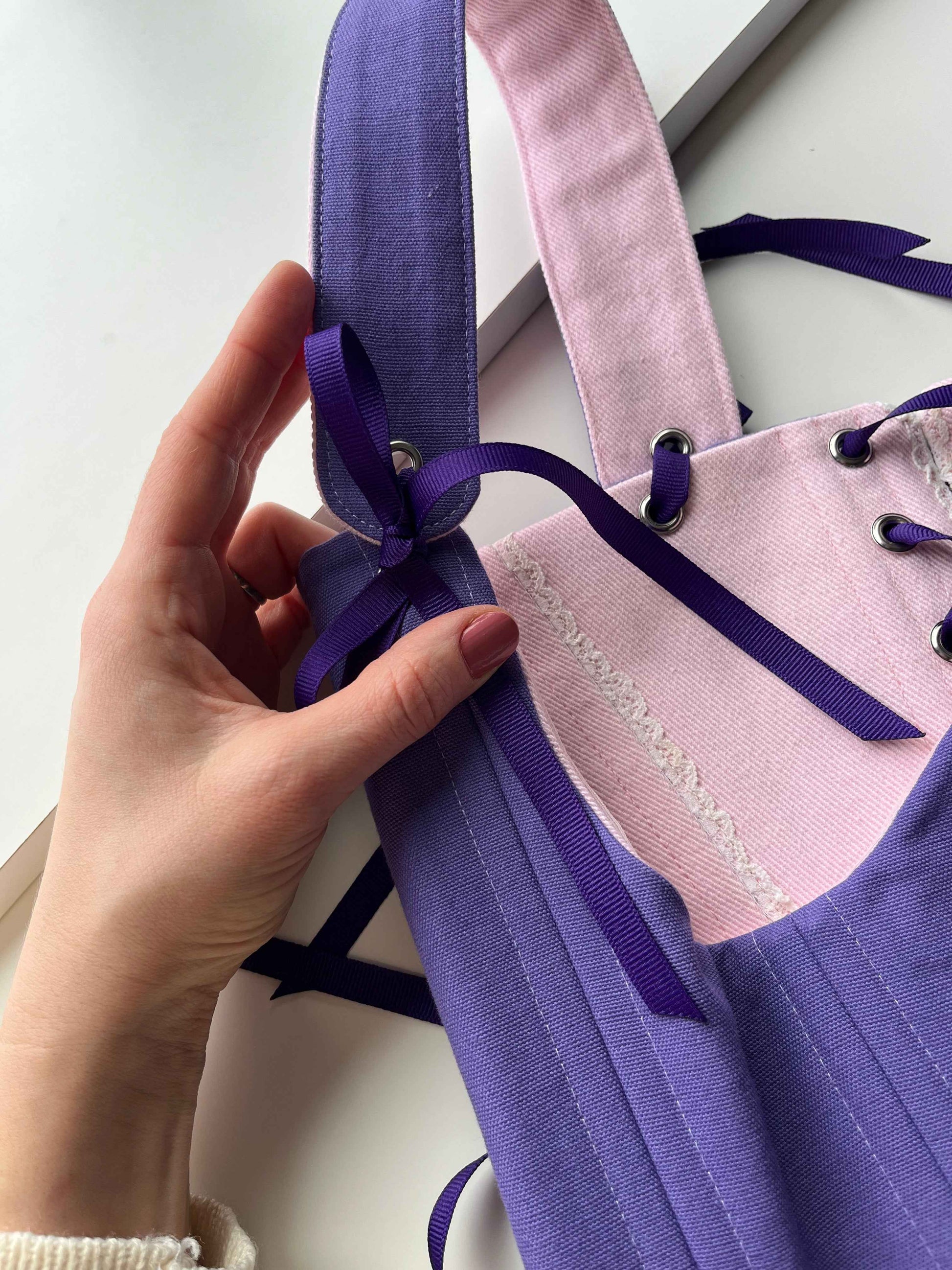 “Cupcake” reversible underbust corsage, size S-M, one side is  pink with ruffles and the other is purple 💜🩷