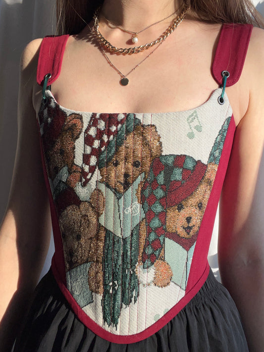 “Caroling Bears” Corset with removable shoulder straps in burgundy