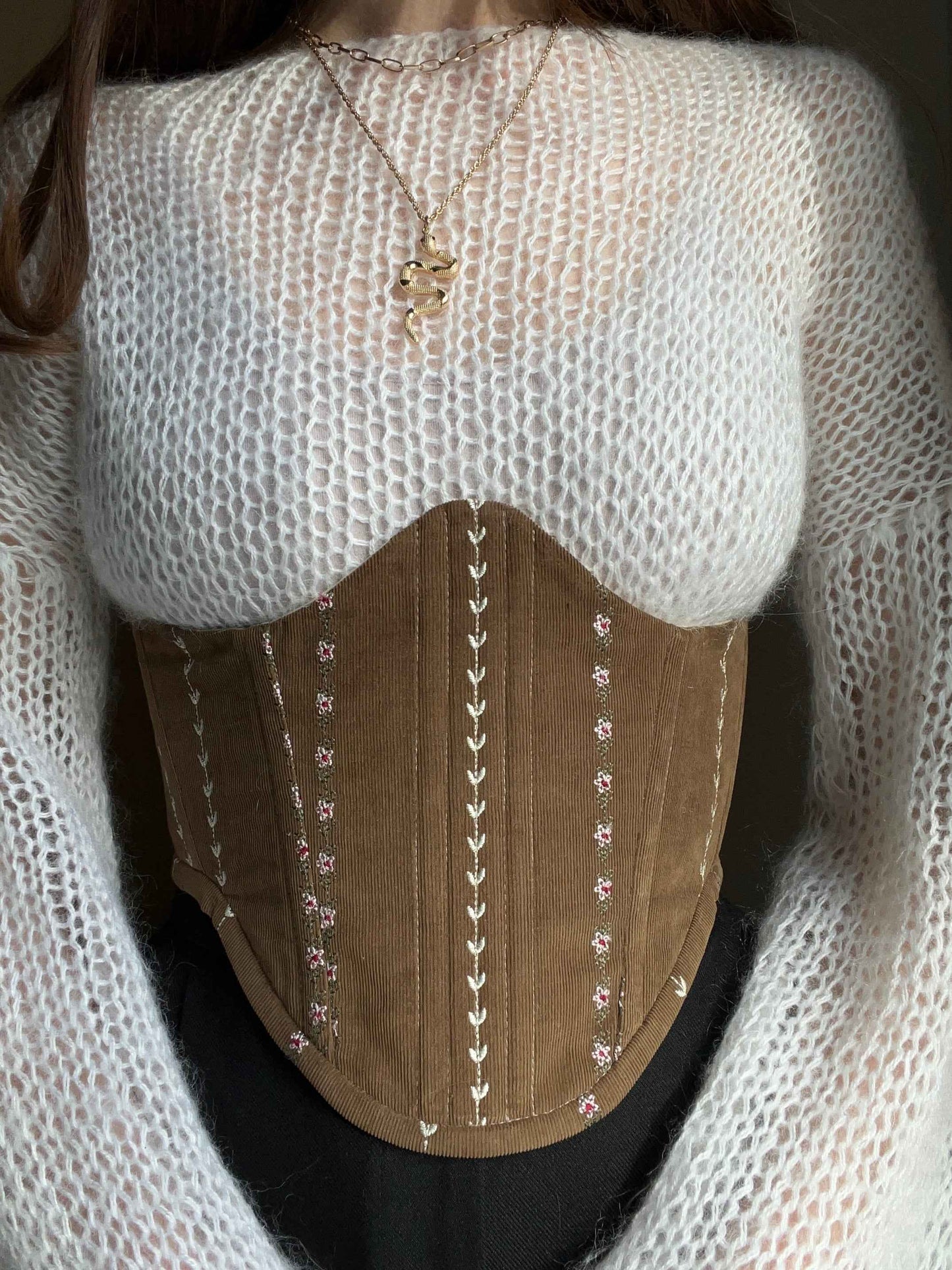 Brown underbust corsage belt  with floral embroidery, size M